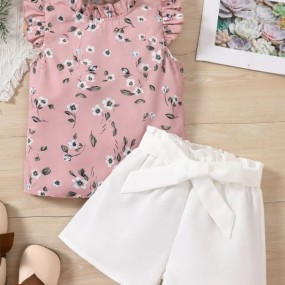 Toddler Girls Floral Print Flutter Sleeve Top & Paperbag Waist Belted Shorts