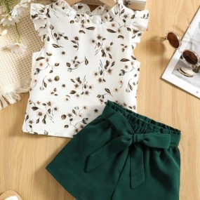 Toddler Girls Floral Print Flutter Sleeve Top & Paperbag Waist Belted Shorts