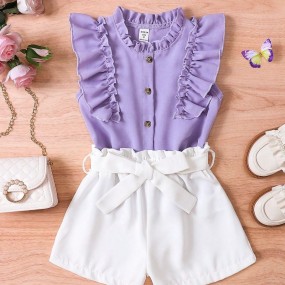 Toddler Girls Ruffle Trim Top & Paper Bag Waist Belted Shorts