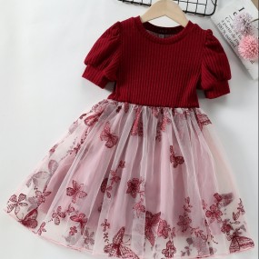 Toddler Girls Butterfly & Floral Embroidered Mesh Hem Dress