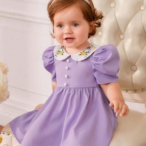 SHEIN Baby Girl Floral Embroidery Peter Pan Collar Puff Sleeve Dress