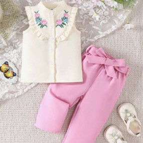 Baby Girl Floral Embroidery Tank Top And Long Pants Two-Piece Set With Single Breasted Design