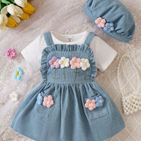 3pcs Baby Girls' Solid Ribbed Texture Short Sleeve Tshirt And Corduroy Dress With 3d Flower Applique And Hat