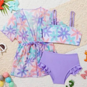 Baby Girl Floral Print Ruffle Trim Bikini Swimsuit With Kimono