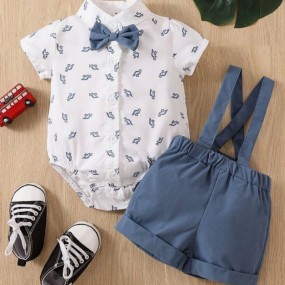 Baby Boy Dinosaur Print Bow Front Shirt Bodysuit & Pinafore Shorts