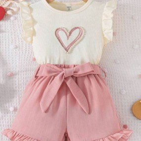 SHEIN Young Girls' Beaded Heart Printed Top And Shorts With Belt Set For Summer