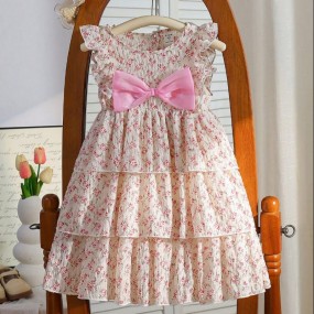 Lunivi 1pc Girls Kid Lavender Purple Ditsy Floral Textured Fabric Cap Sleeve Bow Decor Casual Dress, Suitable For Wedding, Summer Holiday Travel