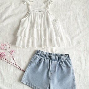 Vintaside Kids Young Girl Korean Fashion Tank Top & Washed Denim Shorts 2 Pieces Set, Suitable For Summer Beach, Vacation, Family Camping