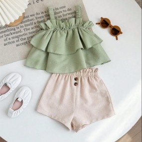 SHEIN Baby girl Cute Ruffled Strap Tank Top And Shorts Set, Summer Vacation