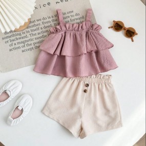 SHEIN Baby girl Cute Ruffled Spaghetti Strap Vest And Shorts Summer Vacation Set