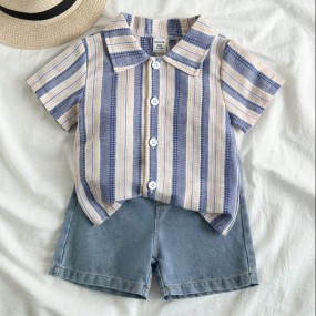 Vintaside Kids Baby Boy Casual Outfit Set Collared Short Sleeve Striped Shirt With Washed Denim Shorts