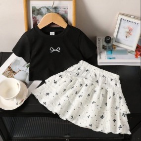 Young Girls' Bow Print Round Neck Short Sleeve T-Shirt And Sweet Mini Skirt Set, Fresh Summer Holiday, Beach, Outing