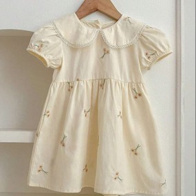Young Girl New Peter Pan Collar Embroidered Flower Short Sleeve Princess Dress