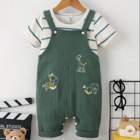 Baby Boy Cute Animal Embroidered Short Sleeve Top And Overalls Set, Summer