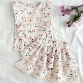 Vintaside Kids Babygirl Infant Baby Girl Summer Round Neck Cap Sleeve Floral Print Top Paired With Cake Skirt Set, Suitable For Parties, Gatherings Or Holidays