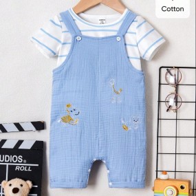 2pcs Set Toddler Boys Cute Animal Embroidery Pattern Short Sleeve Top And Bib Shorts Set, Summer