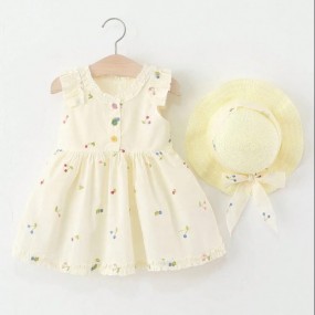 Kids Girls Summer Sleeveless Dress, Floral Embroidery & Pleated Hem, Round Neck, With Matching Sun Hat