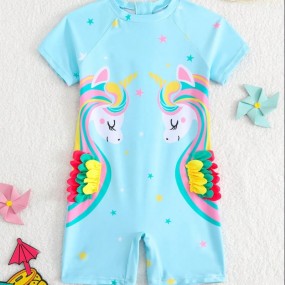 Young Girl Cartoon Print Crew Neck Sleeveless One-Piece Swimsuit, Simple And Slim-Fit