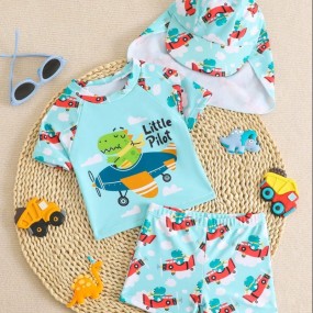 3pcs Set Baby Boys' Summer Swimsuit With Dinosaur Print Short Sleeve, Sunscreen, Includes Sunhat