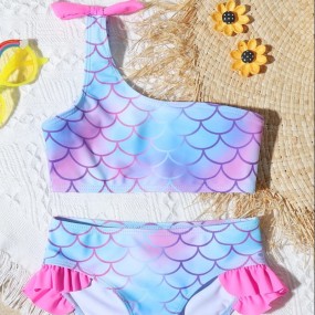 Young Girl Fish Scale Print One Shoulder Bikini Set Summer Beach