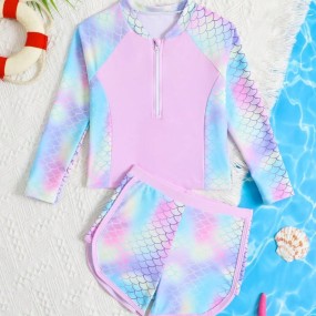 SHEIN Young Girl Mermaid Scale Ombre ZipUp Long Sleeve Top And Short