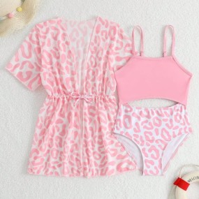 Young Girl Pink Leopard Print Hollow Out OnePiece Swimsuit With Cover