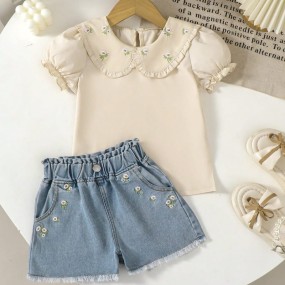 Genkimix Kids 2pcsSet Little Girls Casual Fashionable Collegiate Style White Lace Collared Knit Short Sleeve Top And Washed Denim Shorts Set Summer Holiday