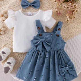 3pcs Baby Girl Set Solid Color Casual Flutter Sleeve TShirt Top And Ditsy Floral Jumper Dress With Bow Headband3pcs Baby Girl Set Solid Color Casual Flutter Sleeve TShirt Top And Ditsy Floral Jumper D