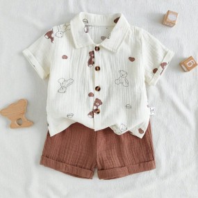 SHEIN Vintaside Kids Baby Boys 2Piece Set For Summer, Includes Cute Cartoon Bear Print Collared Short Sleeve Cardigan Top And Matching Solid Color Shorts