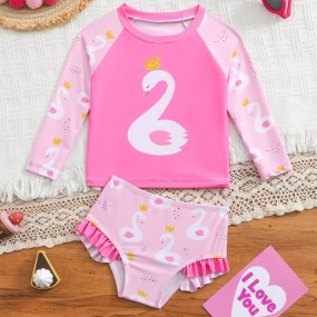 Baby Girl 2pcs Swimsuit Set, Printed Top And Printed Bottoms, Exposed Seam, Separate Pieces