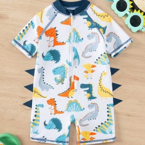 Young Boys Cute Cartoon Dinosaur Printed One Piece Swimsuit
