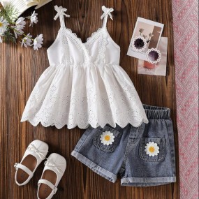 Young Girl Lace Trim Camisole Top And Fashionable Denim Jeans 2Piece Outfit, Summer