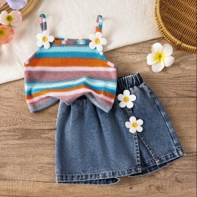 2pcs Young Girl Toddler Knit Comfortable Sleeveless Camisole & Elastic Waist Washed Denim Skirt Set