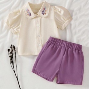 SHEIN Vintaside Kids Baby Girl Collar Princess Embroidery Top Elastic Waist Casual Suitable For Outdoor Wear