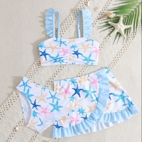 Young Girls Printed Swimwear, Ruffled Trim, 3 Pieces Set Swimwear​ Children's Swimwear 3 Pieces Bikini Set Swimwear Set Bathing Suits