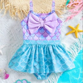 SHEIN Babygirl Cute Summer Mermaid Print Casual Knit Bow Splice Color Strap Romper Swimsuit